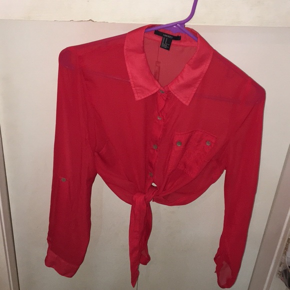 Red sheer button down - Picture 3 of 4